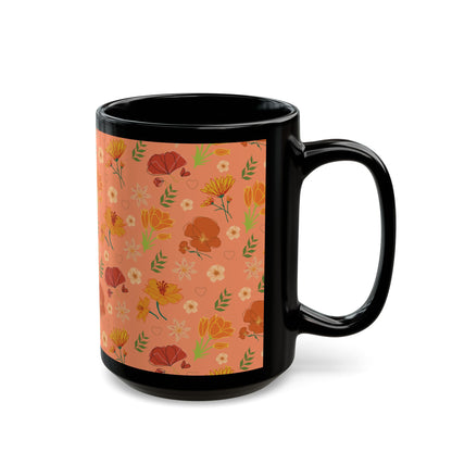 Coral Peach Meadow Black Mug Cool Summer Flower Coffee Mug Floral Tea Cup Spring Ceramic Mug