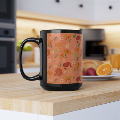 Coral Peach Meadow Black Mug Cool Summer Flower Coffee Mug Floral Tea Cup Spring Ceramic Mug