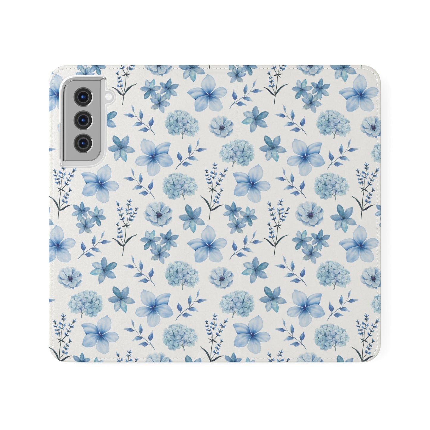 Snowy Blue Flowers Flip Phone Case Cover with Pockets