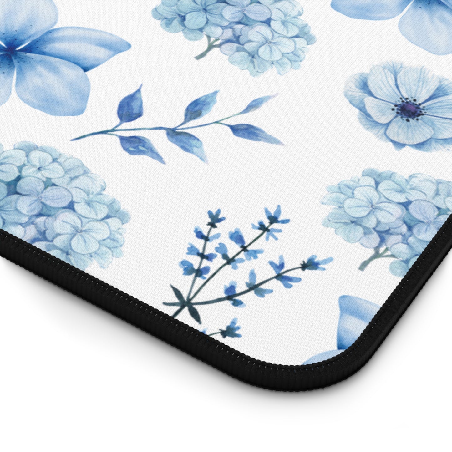 Snowy Blue Flowers Desk Mat Floral Winter Blue Computer Mat Watercolor Flowers Office Mat