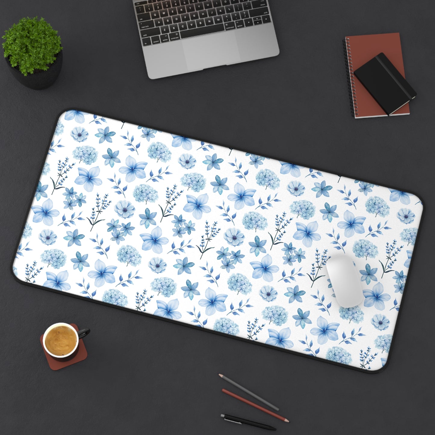 Snowy Blue Flowers Desk Mat Floral Winter Blue Computer Mat Watercolor Flowers Office Mat