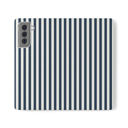 Navy Blue Stripes Flip Phone Case Cover with Pockets