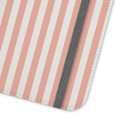 Coral Pink Stripes Flip Phone Case Cover with Pockets