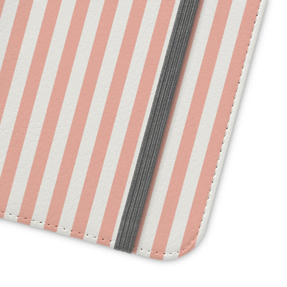 Coral Pink Stripes Flip Phone Case Cover with Pockets