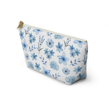 Snowy Blue Flowers Accessory Pouch with T-bottom Pretty Blue and White Flower Pouch for Makeup Small Bag for School Supplies Floral Winter Zipper Pouch