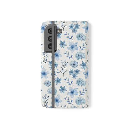 Snowy Blue Flowers Flip Phone Case Cover with Pockets - Phone Case - Kristine Celestine