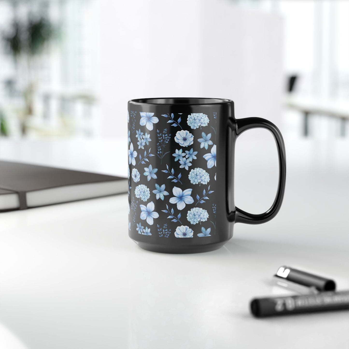 Snowy Blue Flowers Black Mug Cool Summer Coffee Mug Tea Cup Spring Ceramic Mug