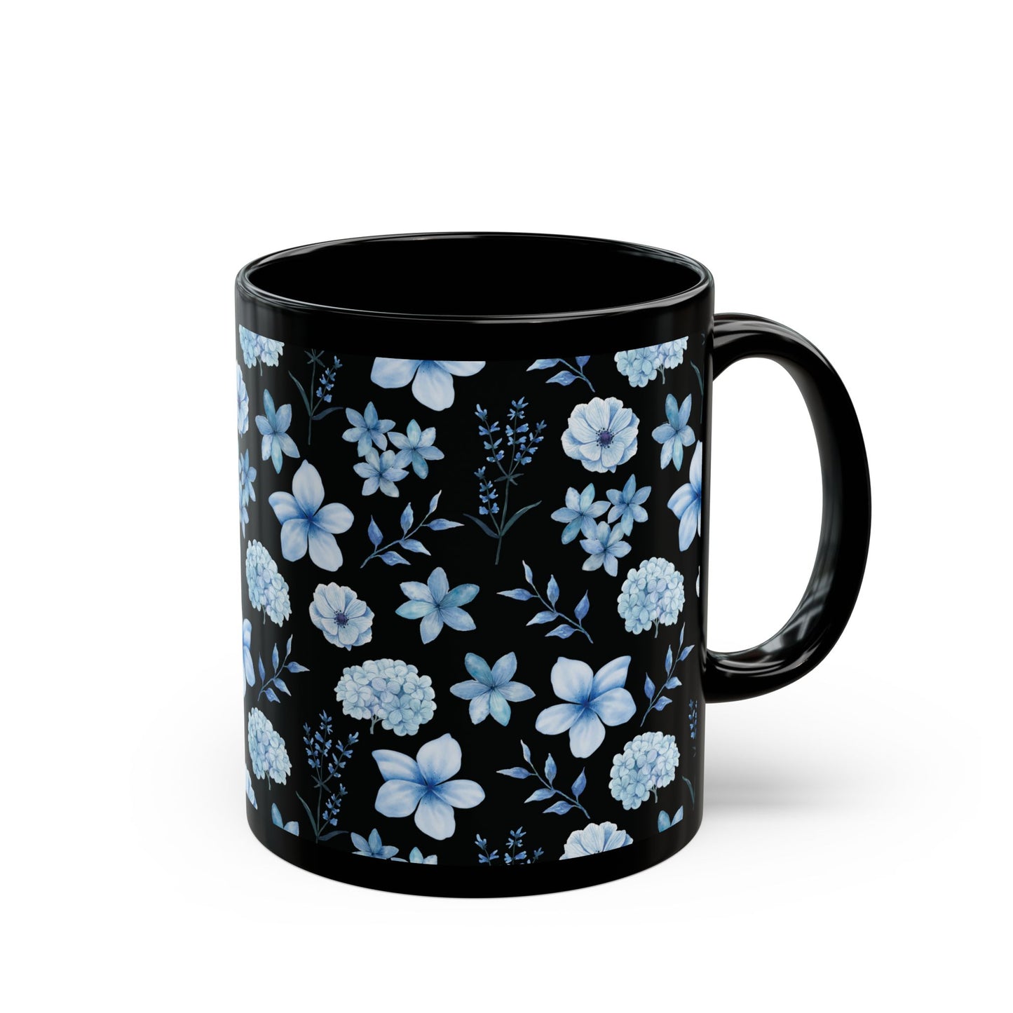 Snowy Blue Flowers Black Mug Cool Summer Coffee Mug Tea Cup Spring Ceramic Mug