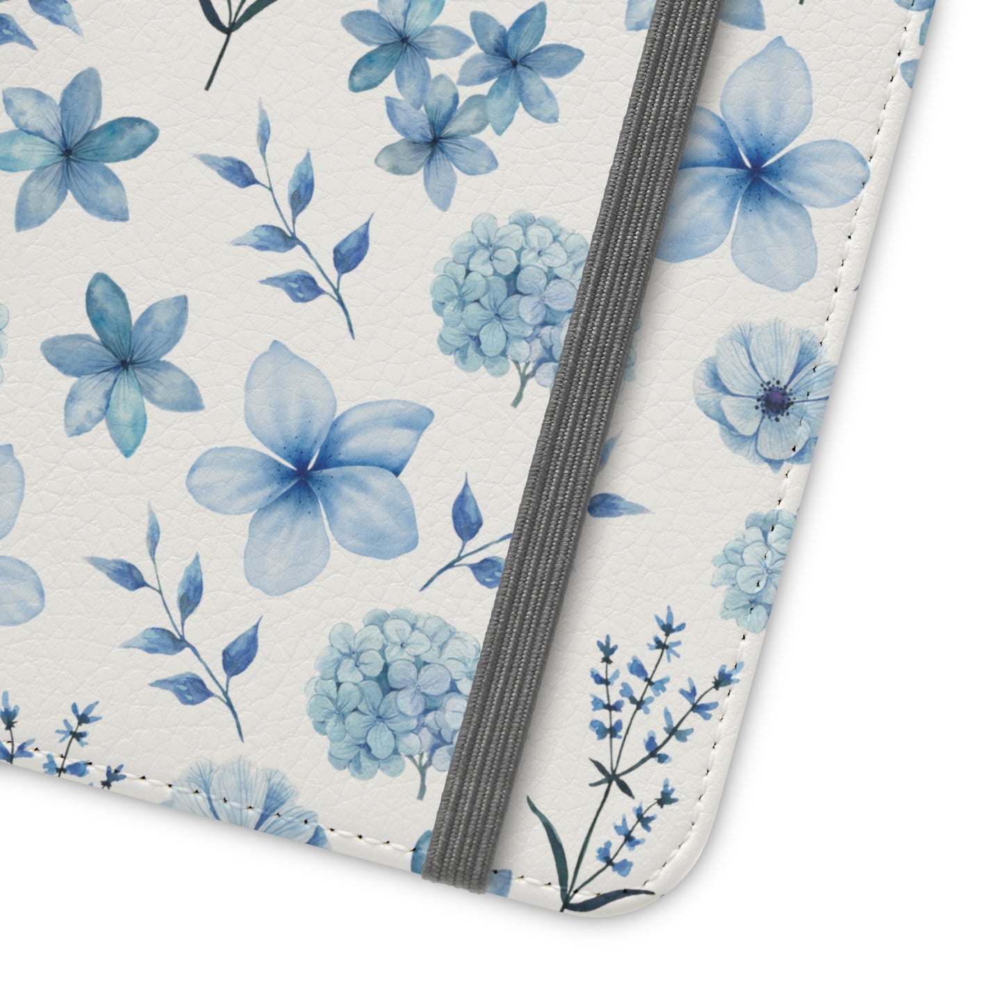 Snowy Blue Flowers Flip Phone Case Cover with Pockets