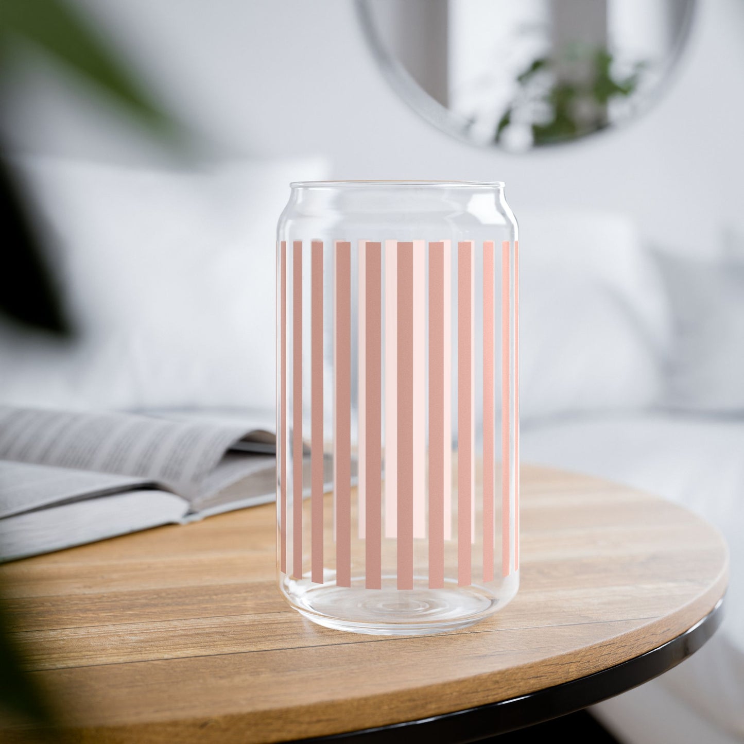 Coral Pink Stripes Sipper Glass 16 oz