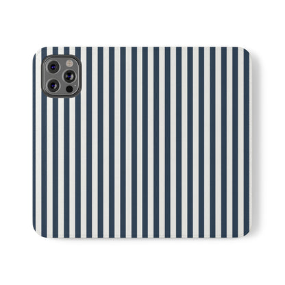 Navy Blue Stripes Flip Phone Case Cover with Pockets