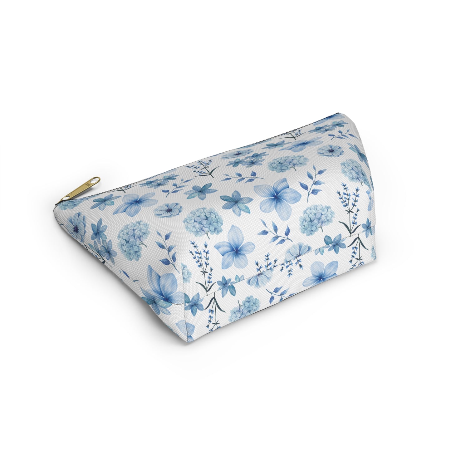 Snowy Blue Flowers Accessory Pouch with T-bottom Pretty Blue and White Flower Pouch for Makeup Small Bag for School Supplies Floral Winter Zipper Pouch