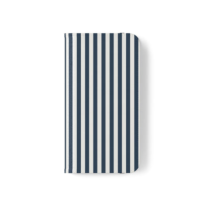 Navy Blue Stripes Flip Phone Case Cover with Pockets