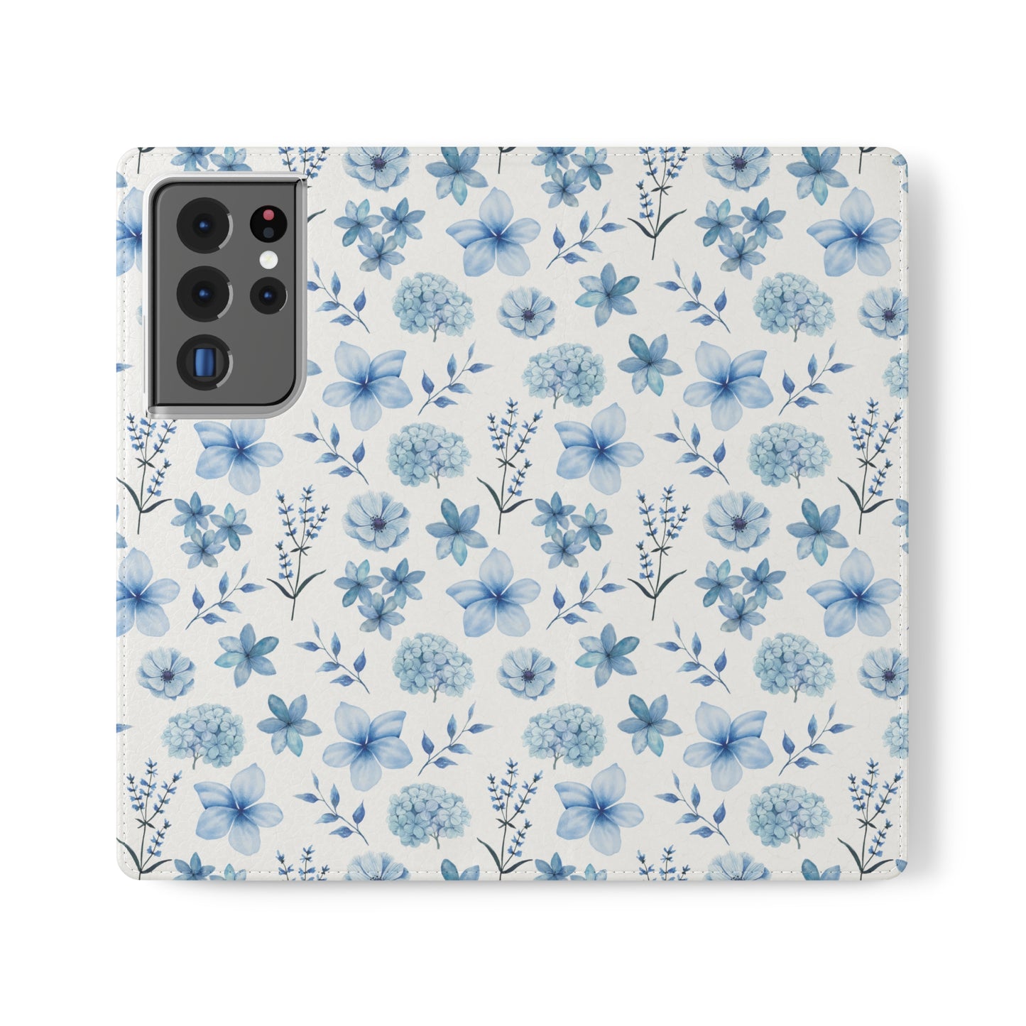 Snowy Blue Flowers Flip Phone Case Cover with Pockets