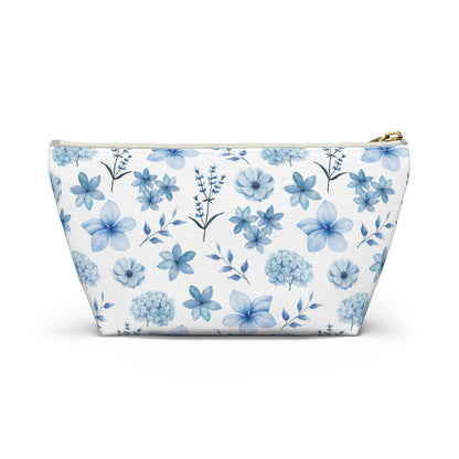 Snowy Blue Flowers Accessory Pouch with T-bottom Pretty Blue and White Flower Pouch for Makeup Small Bag for School Supplies Floral Winter Zipper Pouch