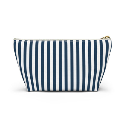 Navy Blue Stripes Accessory Pouch with T-bottom Classic Royal Blue and White Pouch for Makeup Small Bag for School Supplies Striped Zipper Pouch