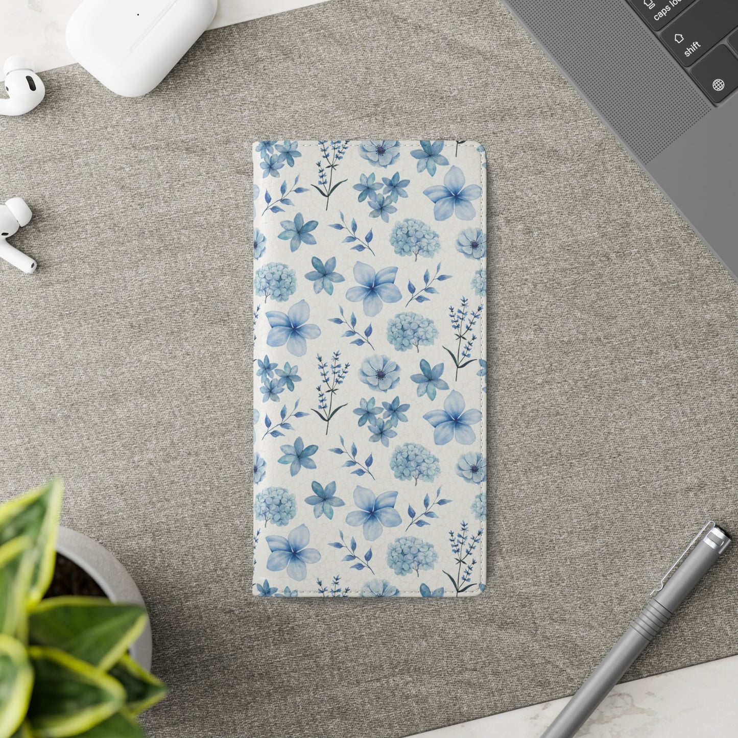 Snowy Blue Flowers Flip Phone Case Cover with Pockets