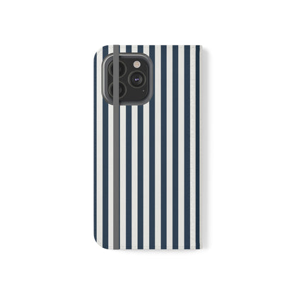 Navy Blue Stripes Flip Phone Case Cover with Pockets - Phone Case - Kristine Celestine