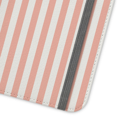 Coral Pink Stripes Flip Phone Case Cover with Pockets