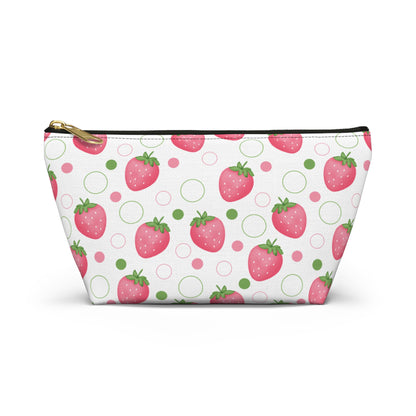 Pink Strawberry Bubbles Accessory Pouch with T-bottom Coquette Strawberries Pouch for Makeup Small Bag for School Supplies Cute Summer Zipper Pouch