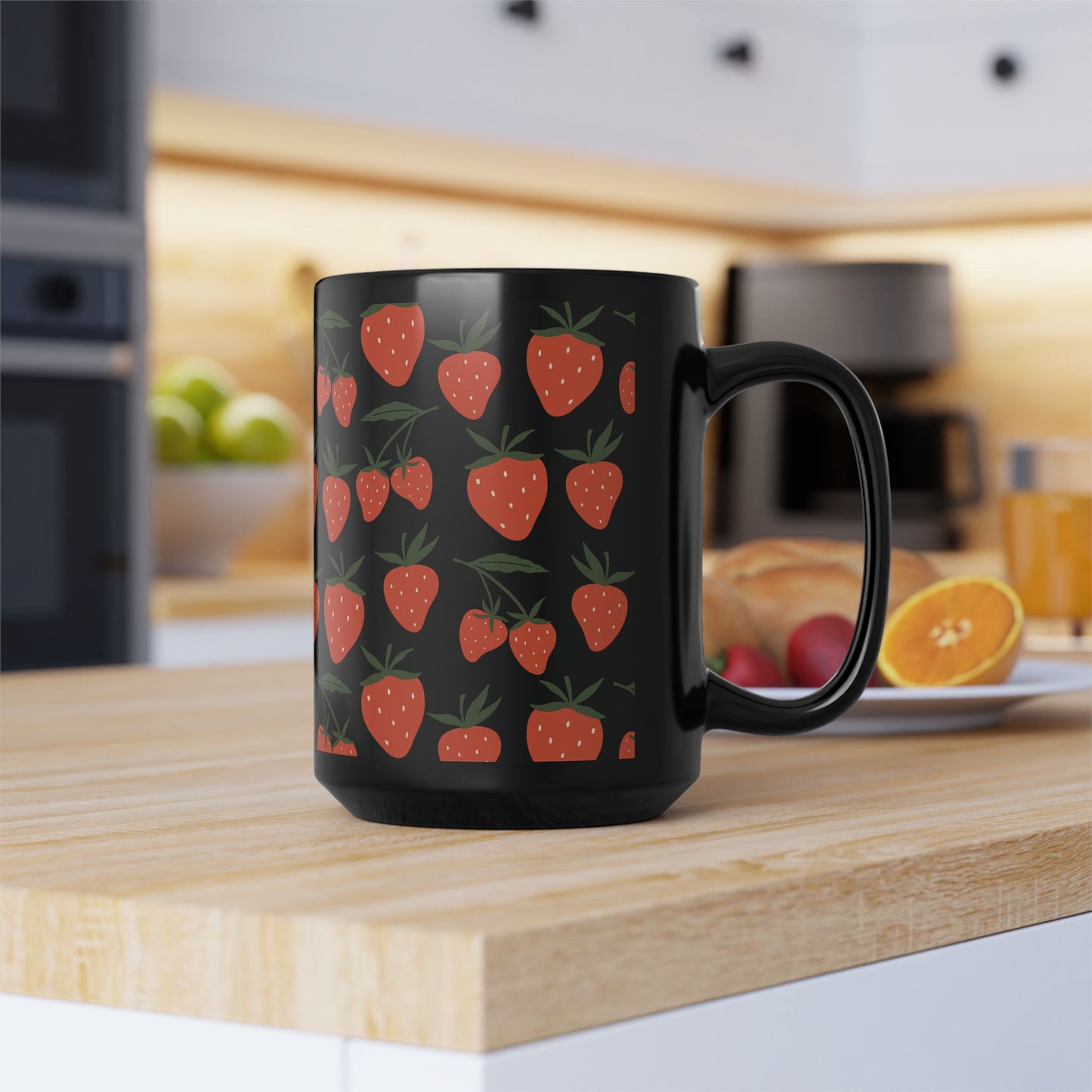 Tropical Strawberry Black Mug Cool Summer Coffee Mug Tea Cup Spring Ceramic Mug