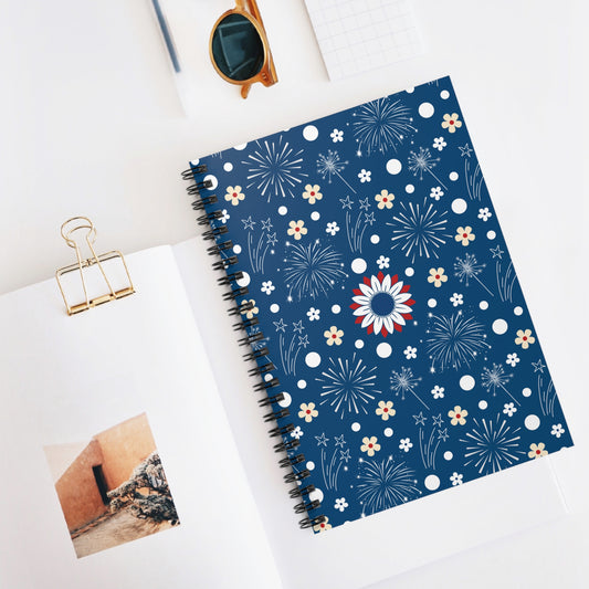 USA Daisy Fireworks Spiral Notebook 6x8" USA Fireworks Fourth of July Summer Journal Red White Blue