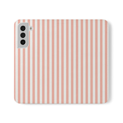 Coral Pink Stripes Flip Phone Case Cover with Pockets