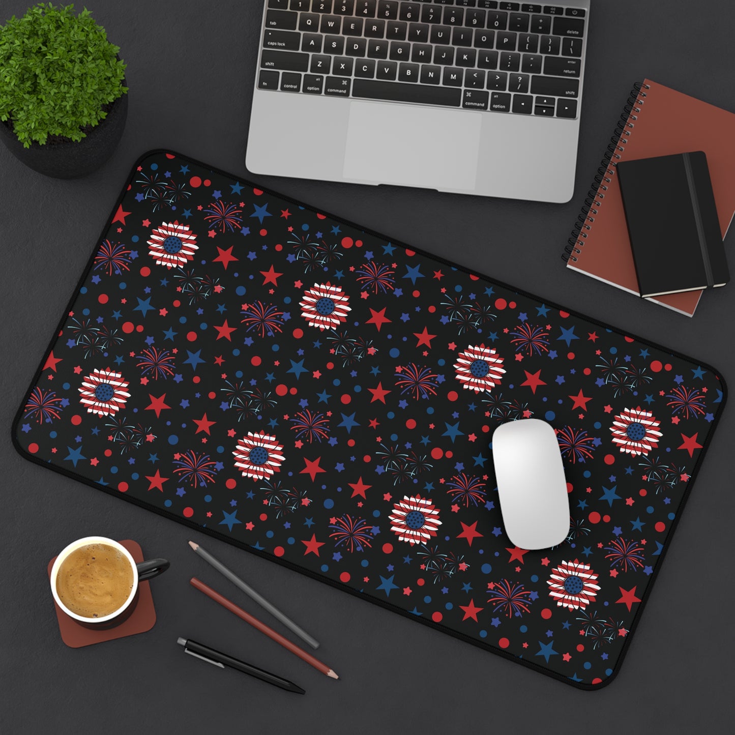 Starry Night America Desk Mat 4th of July Daisy Computer Mat Red White and Blue USA Office Mat