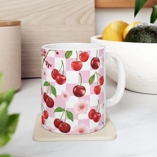 Cherry Checkerboard Mug Pink and White Mug Coquette Mug Ceramic Coffee Mug Sturdy Cup with Handle Tea Mug Hot Drink Cup