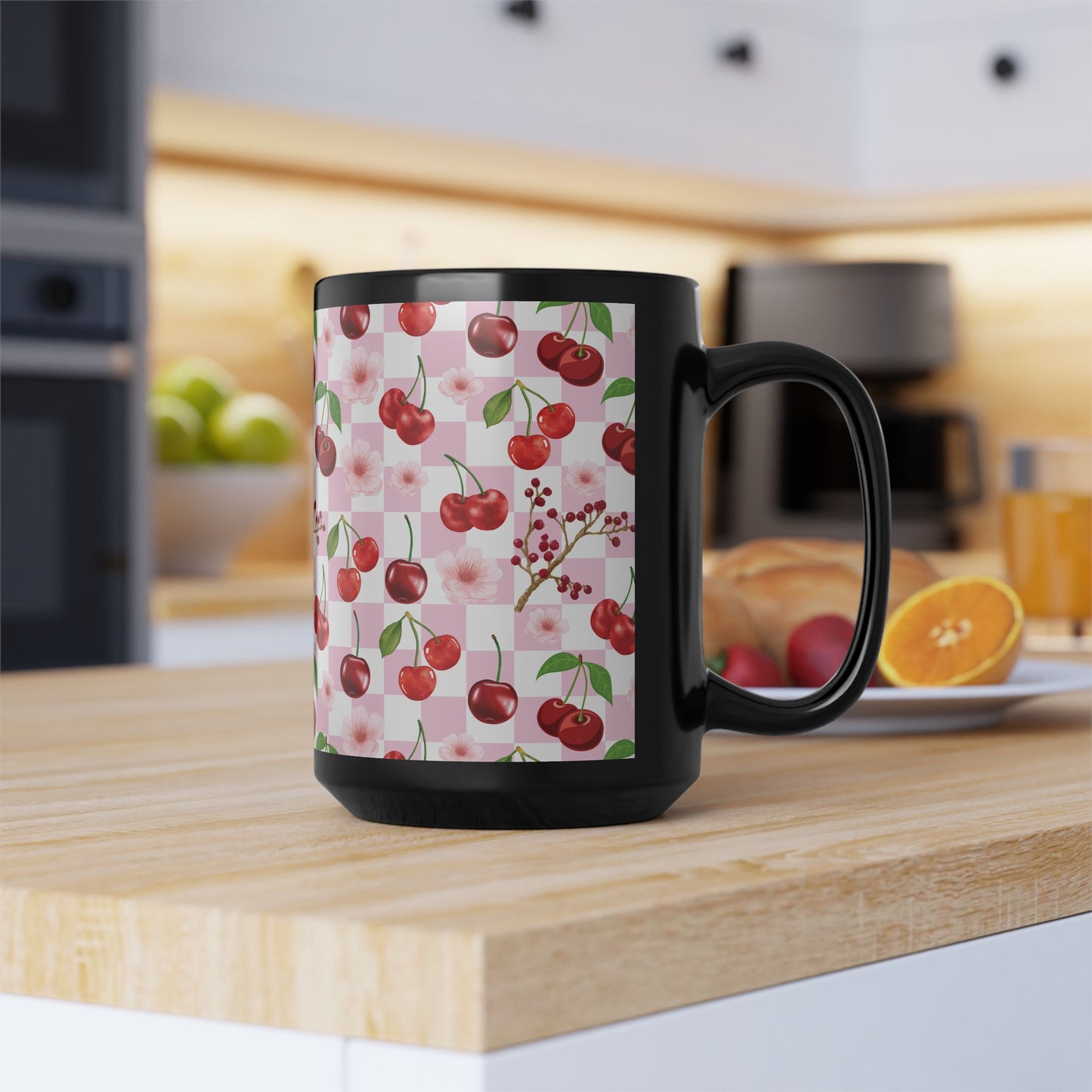 Cherry Checkerboard Black Mug Cool Summer Coffee Mug Tea Cup Spring Ceramic Mug