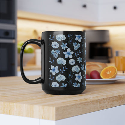 Snowy Blue Flowers Black Mug Cool Summer Coffee Mug Tea Cup Spring Ceramic Mug