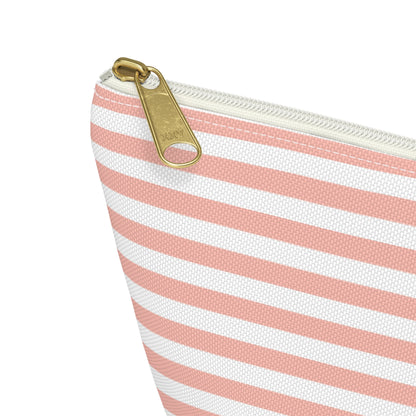 Pretty Coral Pink Stripes Accessory Pouch with T-bottom Classic Pink and White Pouch for Makeup Small Bag for School Supplies Striped Zipper Pouch