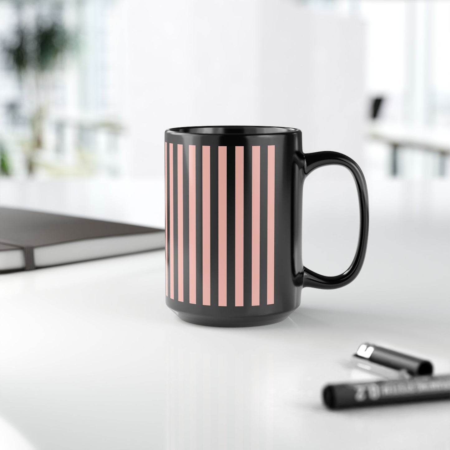 Coral Pink Stripes Black Mug Cool Summer Coffee Mug Tea Cup Spring Ceramic Mug