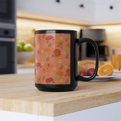 Coral Peach Meadow Black Mug Cool Summer Flower Coffee Mug Floral Tea Cup Spring Ceramic Mug