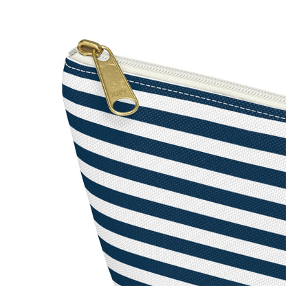 Royal Navy Blue Stripes Accessory Pouch with T-bottom Classic Dark Blue and White Pouch for Makeup Small Bag for School Supplies Striped Zipper Pouch