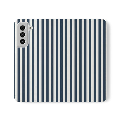 Navy Blue Stripes Flip Phone Case Cover with Pockets