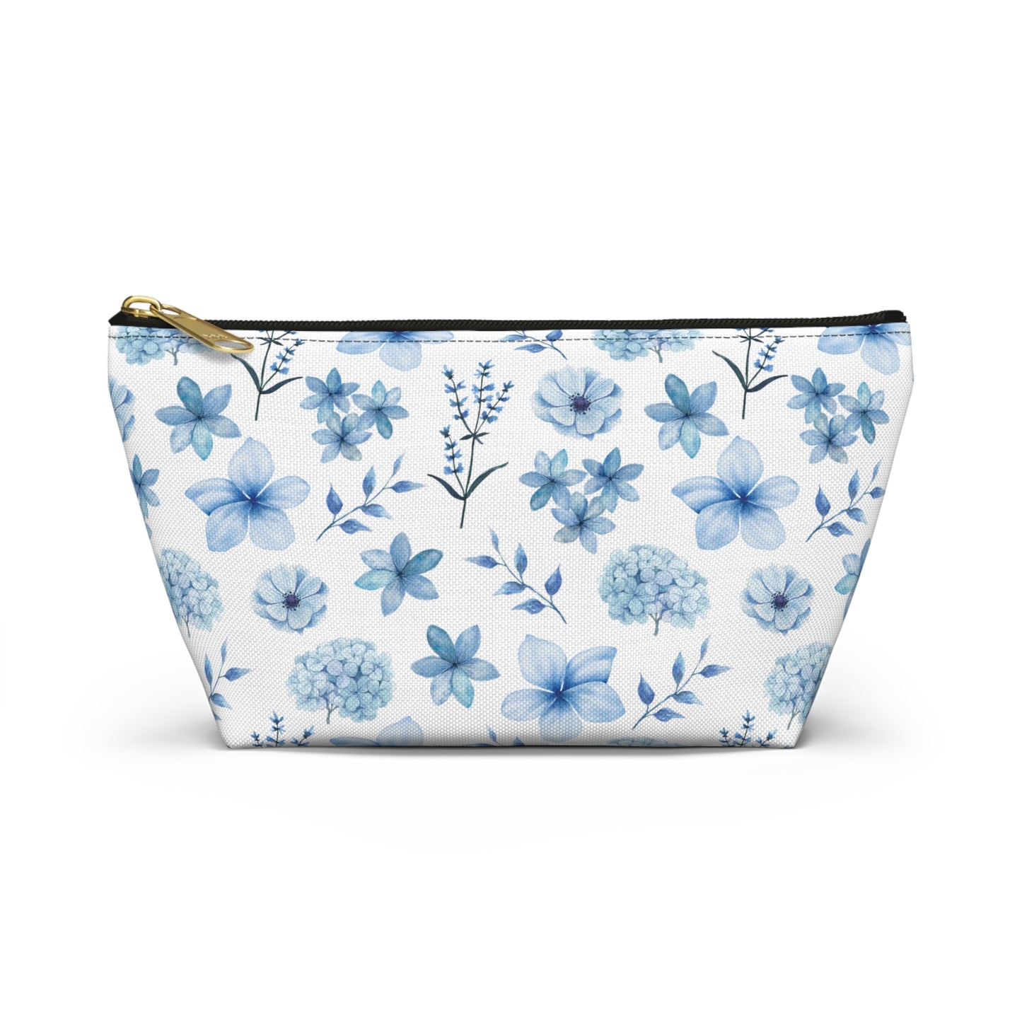 Snowy Blue Flowers Accessory Pouch with T-bottom Pretty Blue and White Flower Pouch for Makeup Small Bag for School Supplies Floral Winter Zipper Pouch