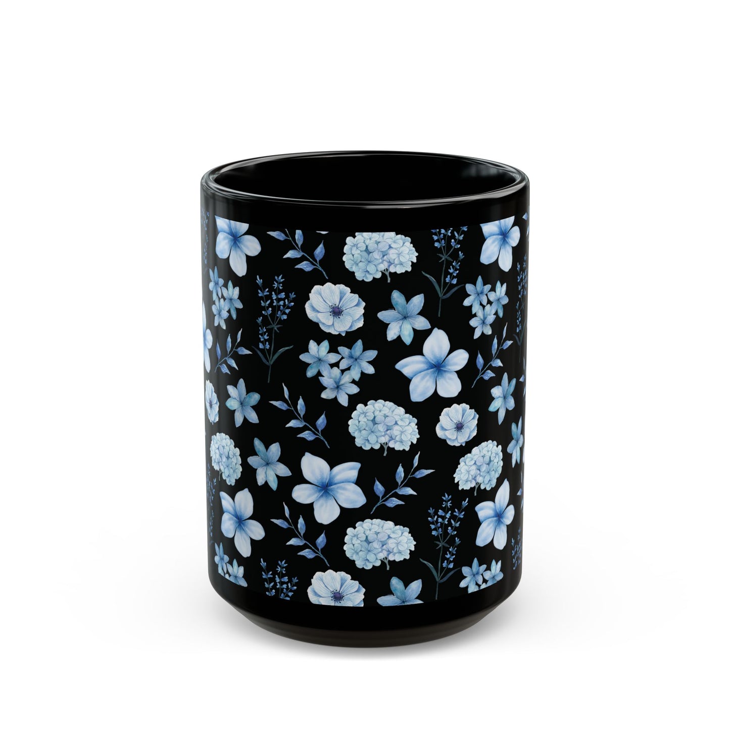 Snowy Blue Flowers Black Mug Cool Summer Coffee Mug Tea Cup Spring Ceramic Mug