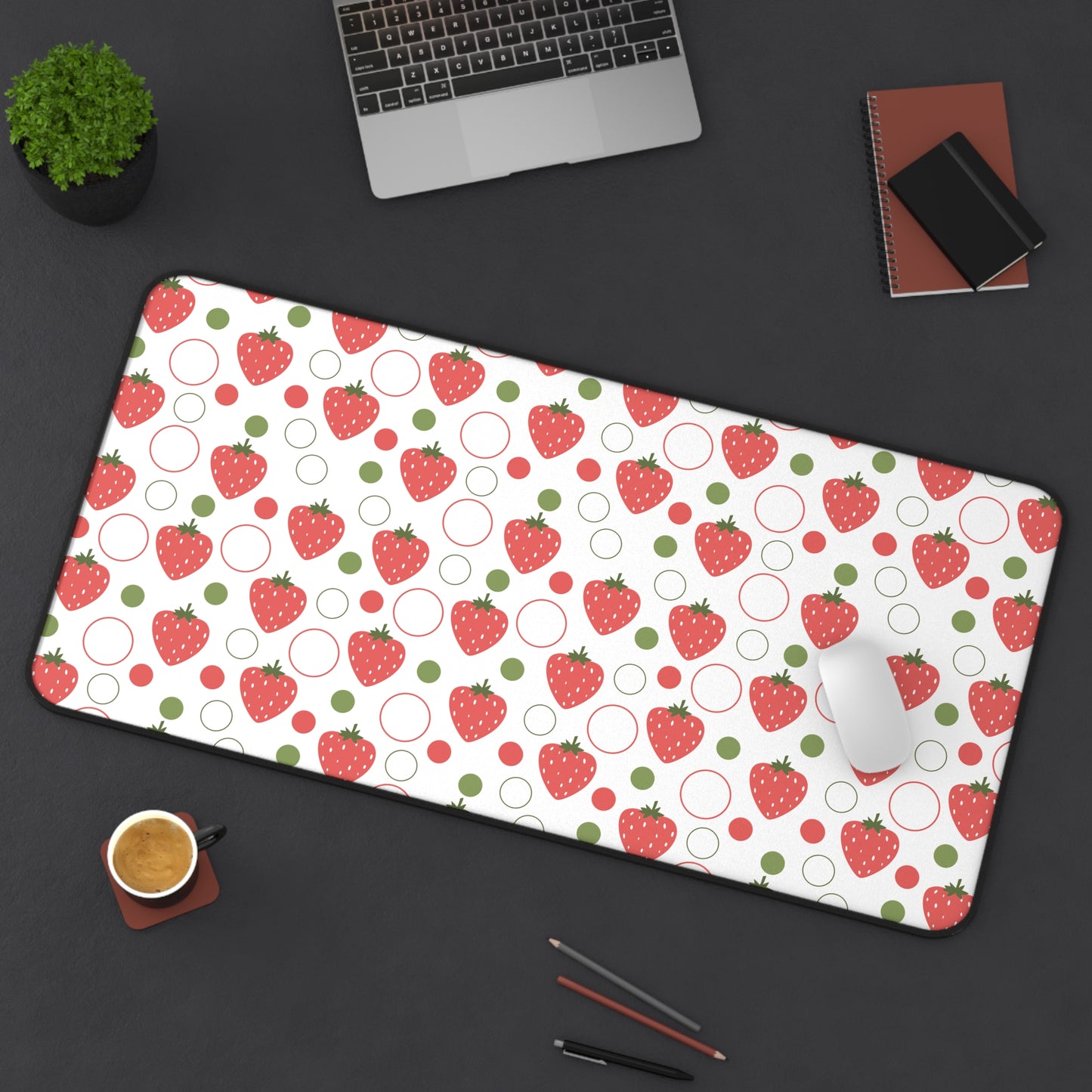 Red Strawberry Bubbles Desk Mat Fruity Red Strawberries Computer Mat