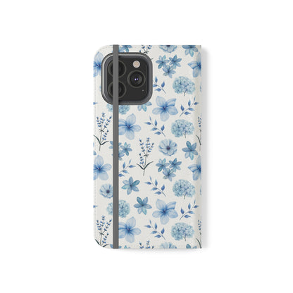 Snowy Blue Flowers Flip Phone Case Cover with Pockets - Phone Case - Kristine Celestine