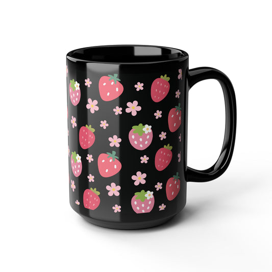 Strawberries and Daisies Black Mug