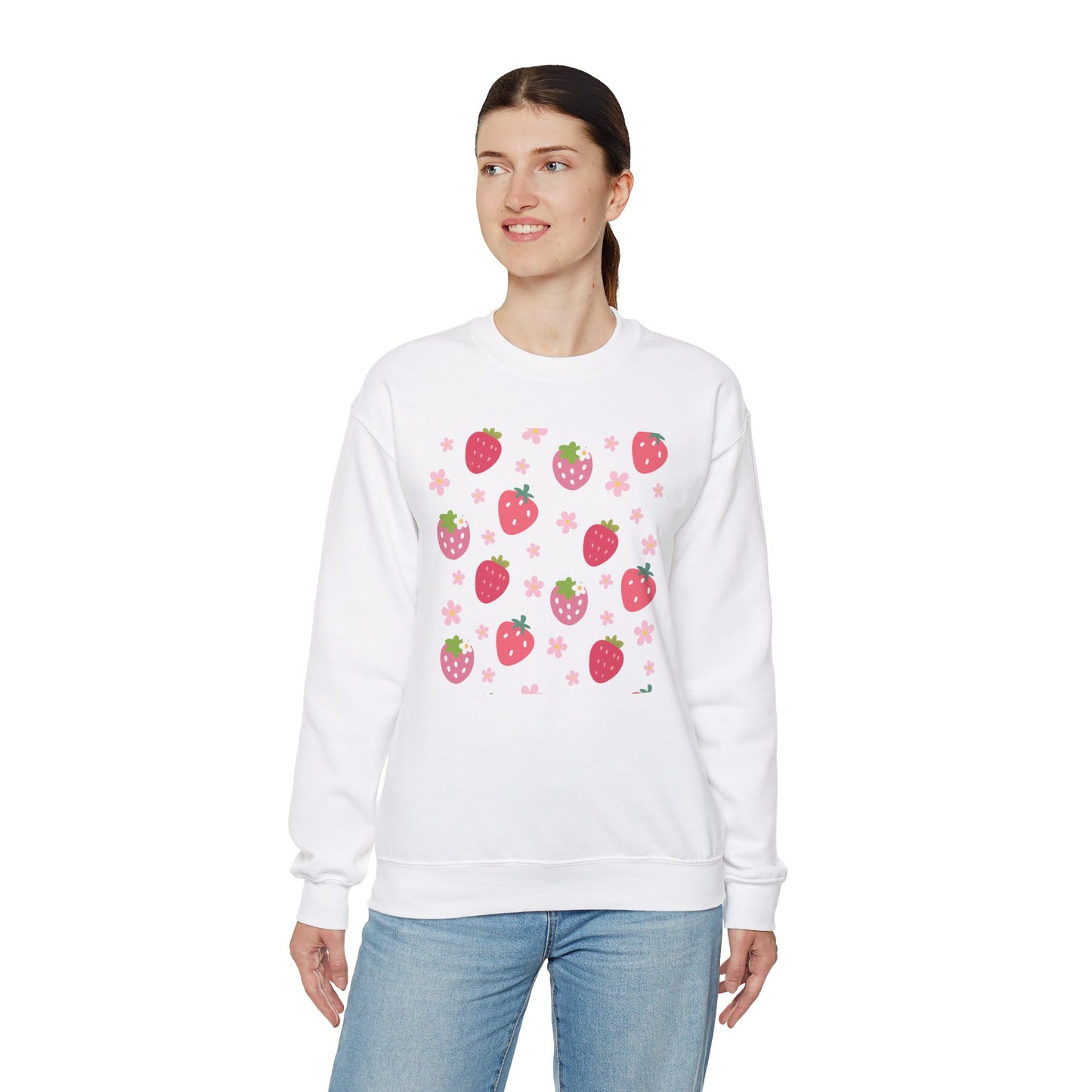 Strawberries and Daisies Crewneck Sweatshirt Cute Casual Strawberry Sweater Pink and Red Fruit Floral Daisy - Sweatshirt - Printify - Kristine Celestine