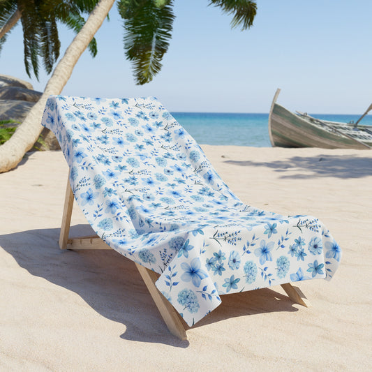 Snowy Blue Flowers Beach Towel