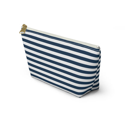 Royal Navy Blue Stripes Accessory Pouch with T-bottom Classic Dark Blue and White Pouch for Makeup Small Bag for School Supplies Striped Zipper Pouch