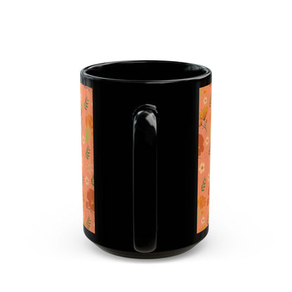 Coral Peach Meadow Black Mug Cool Summer Flower Coffee Mug Floral Tea Cup Spring Ceramic Mug