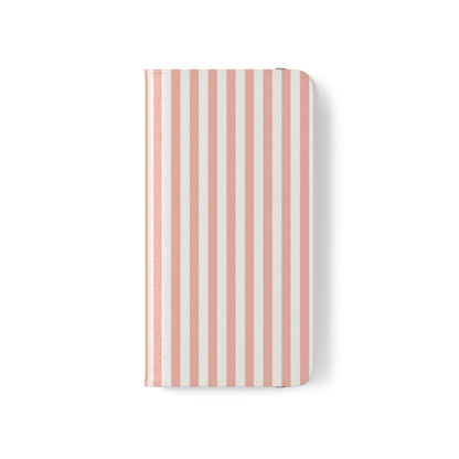 Coral Pink Stripes Flip Phone Case Cover with Pockets