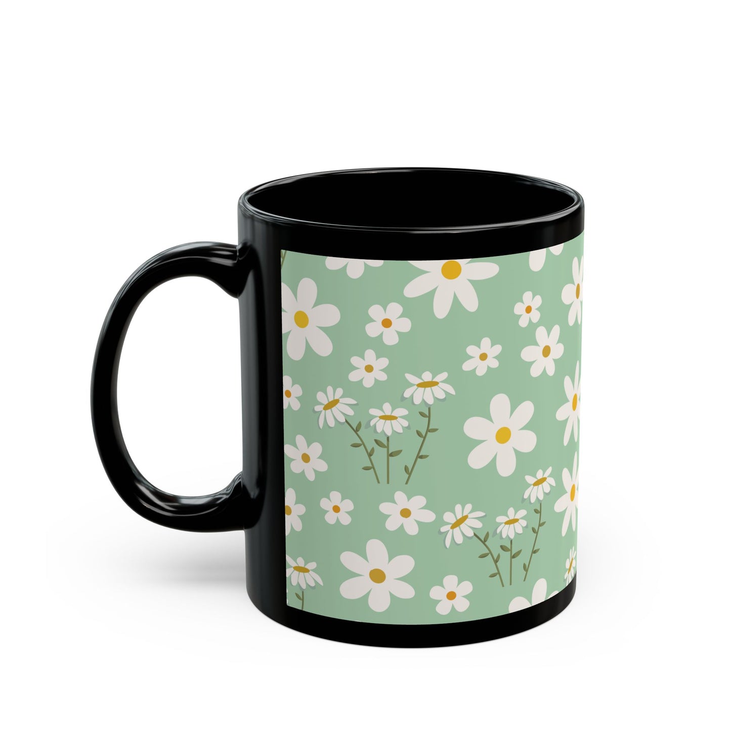 Mint Daisy Delight Black Mug Cool Summer Coffee Mug Tea Cup Spring Ceramic Mug