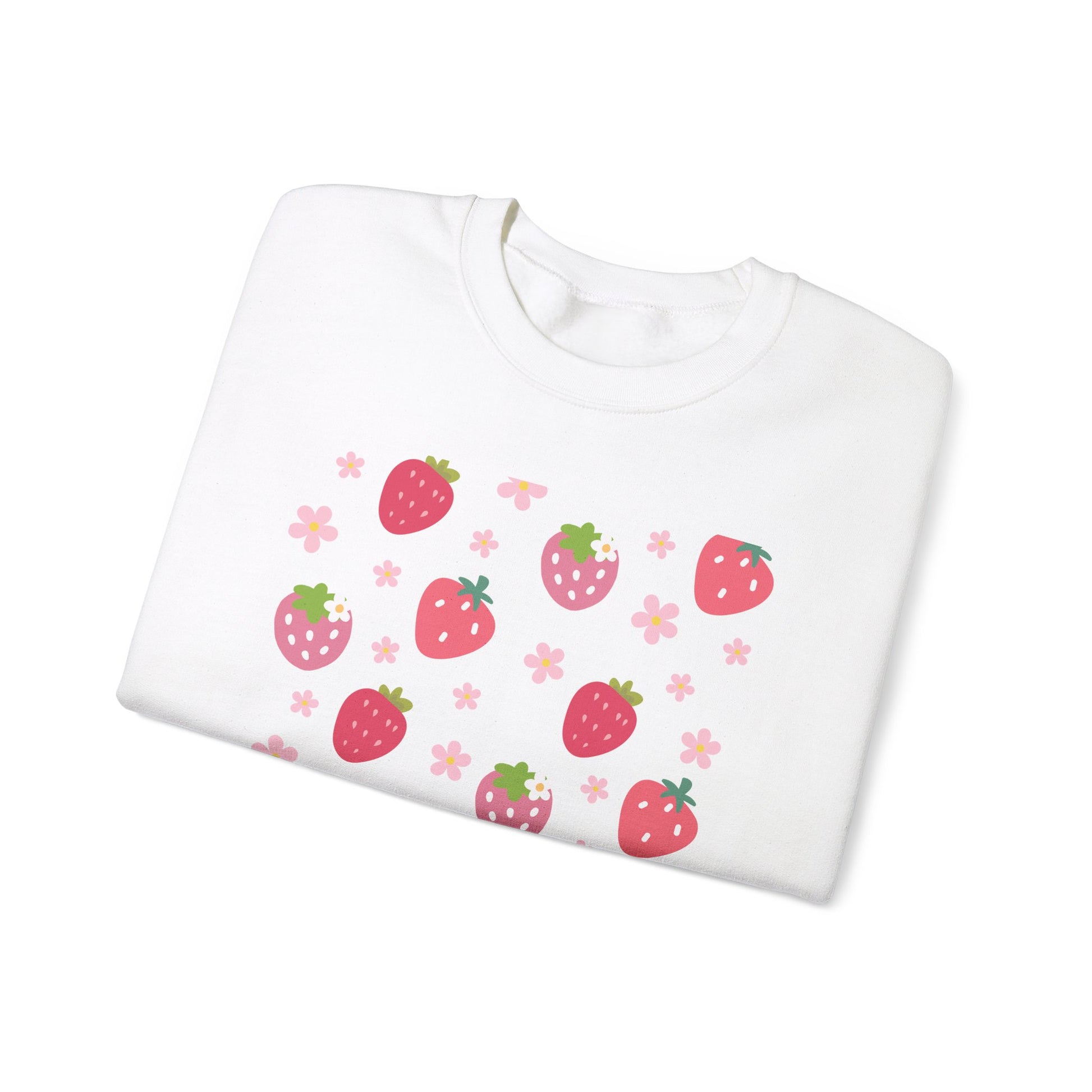 Strawberries and Daisies Crewneck Sweatshirt Cute Casual Strawberry Sweater Pink and Red Fruit Floral Daisy - Sweatshirt - Printify - Kristine Celestine