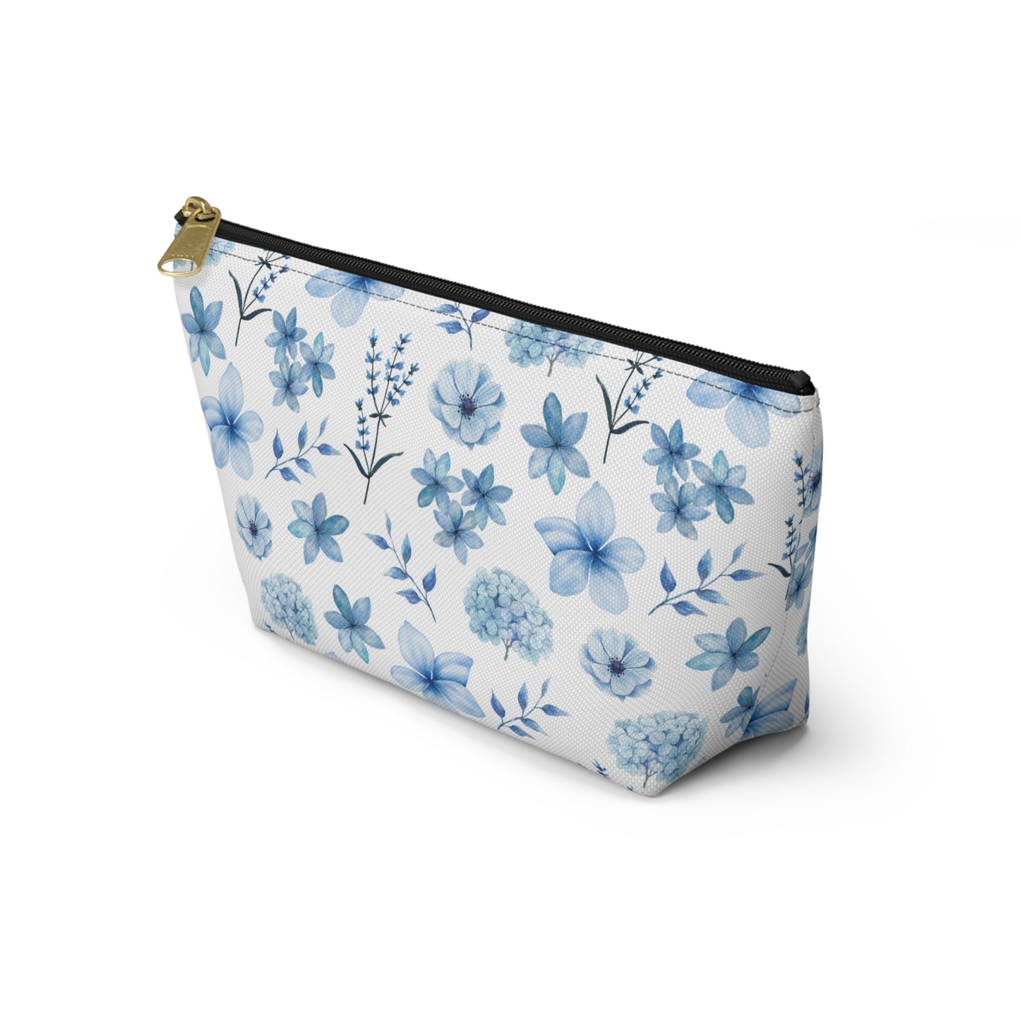 Snowy Blue Flowers Accessory Pouch with T-bottom Pretty Blue and White Flower Pouch for Makeup Small Bag for School Supplies Floral Winter Zipper Pouch