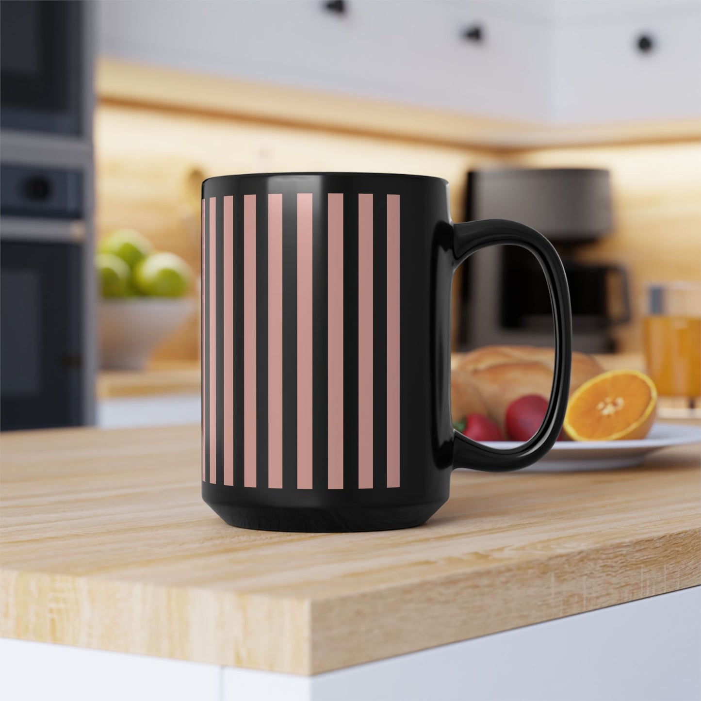 Coral Pink Stripes Black Mug Cool Summer Coffee Mug Tea Cup Spring Ceramic Mug